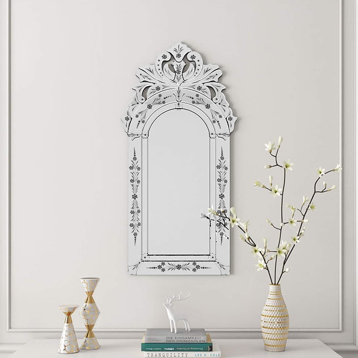 KOHROS Bathroom Vanity Mirror with Floral Etched 40" x 21" Decorative Wall Mirror Frameless Beveled Edge Bathroom Mirror for Vanity Bedroom