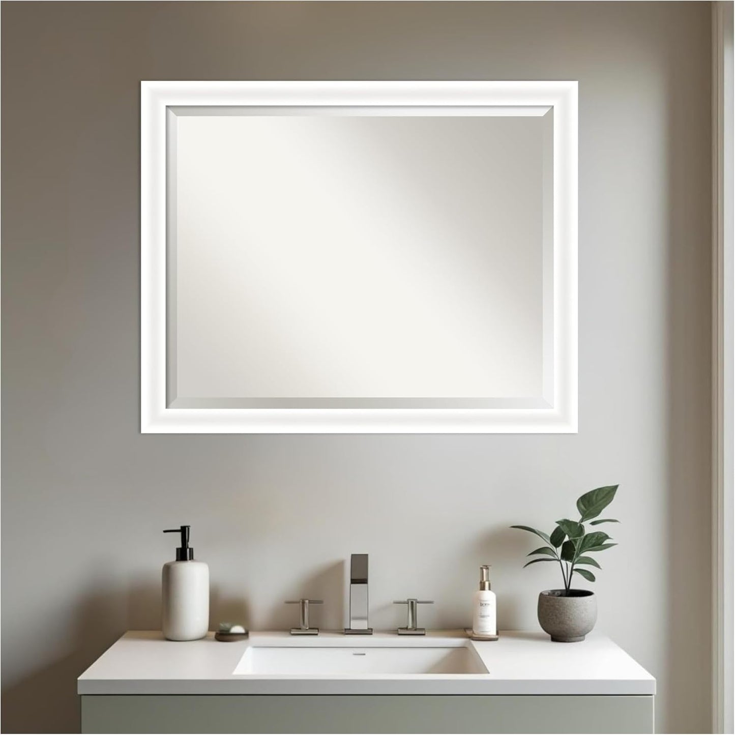 Amanti Art White Bathroom Mirror for Over Sink, 25x31 Oliver White Narrow Rectangle Vanity Mirror, Large Modern Wood Frame, Hangs Horizonally and Vertically, Bathroom Wall Decor, Beveled Edge