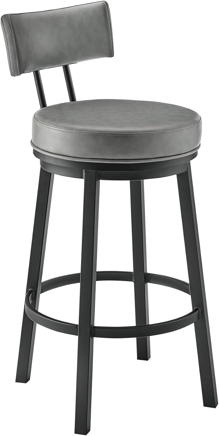 Armen Living Dalza Swivel Counter or Bar Stool in Black Finish with Grey Faux Leather
