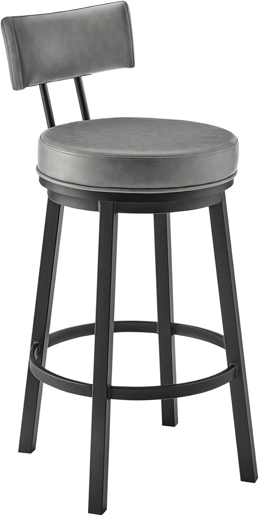 Armen Living Dalza Swivel Counter or Bar Stool in Black Finish with Grey Faux Leather