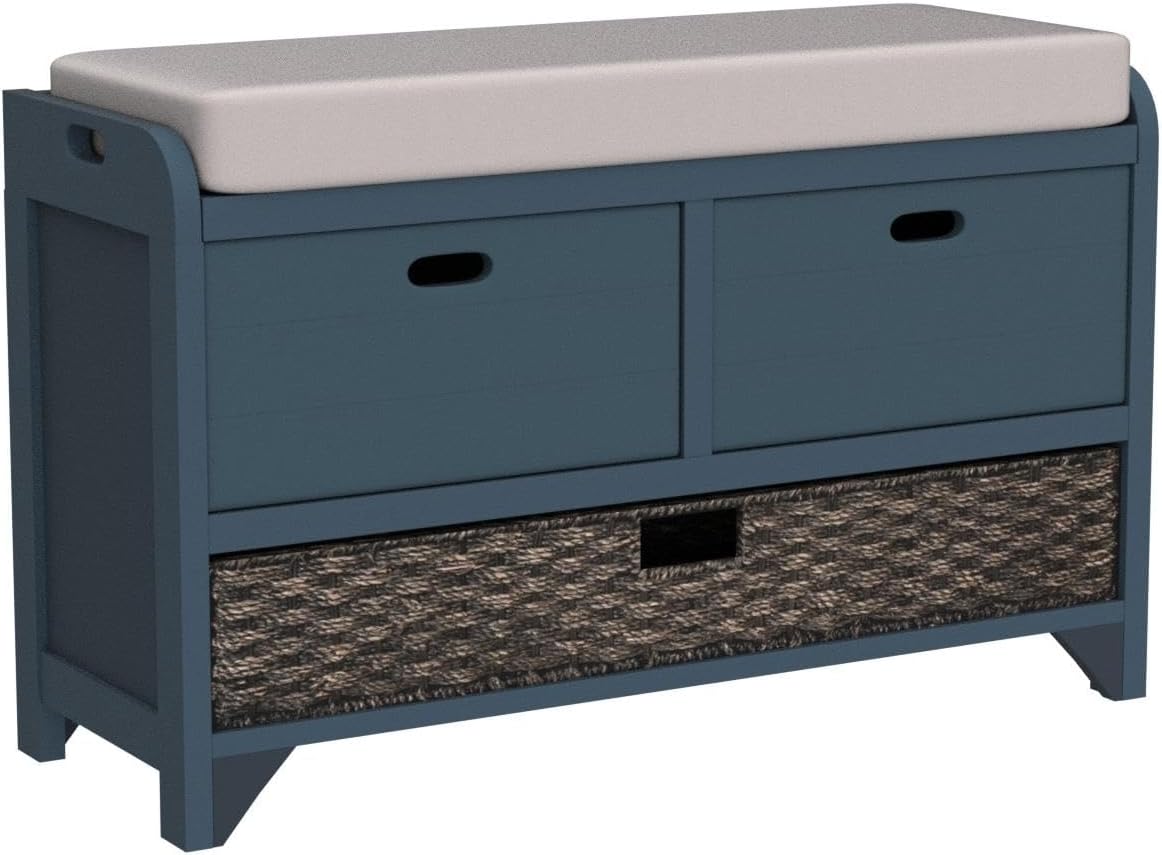 Merax Classic Wood Shoe Storage Bench with 2 Drawers, Large Rattan Basket and Seat Cushion for Entryway Hallway Front Door Navy