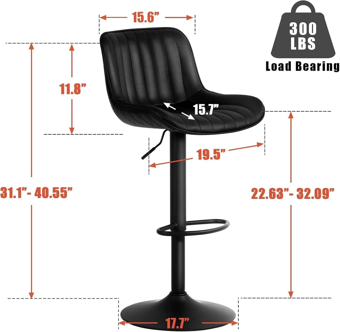 YOUNIKE Black Bar Stools Set of 2 Kitchen Counter Height Barstools Upholstered Swivel Modern Faux Leather Bar Chairs with Backs Adjustable High Breakfast Island Stool with Metal Leg