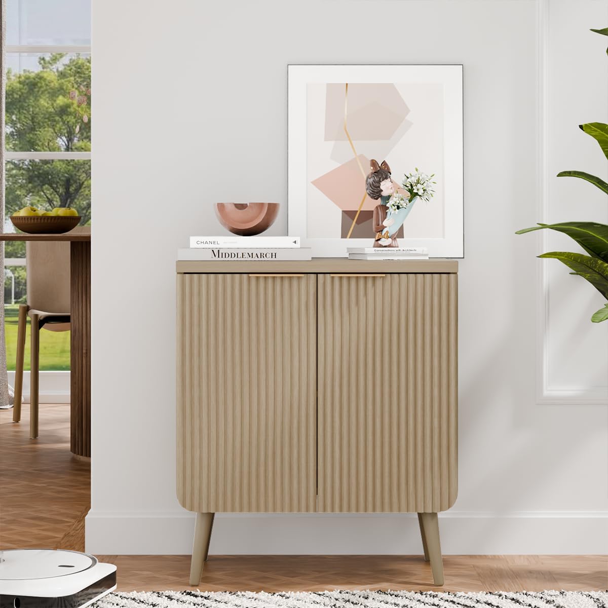 23.6" Sideboard Cabinet with 2 Doors, Modern Buffet Cabinet with Adjustable Shelf, Dining Room Sideboard, Fluted Buffet Sideboard for Living Room, Hallway, Entryway, Natual Oak