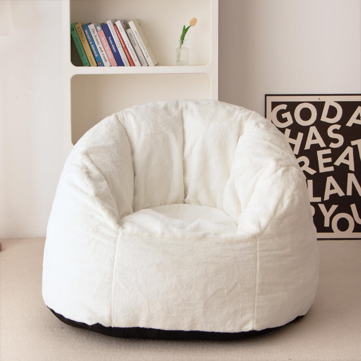 N&V Large Shell Bean Bag Chair, Adult Size Bean Bag Sack, Foam Filling, Includes Removable and Machine Washable Cover, 40in, Soft Faux Fur, White