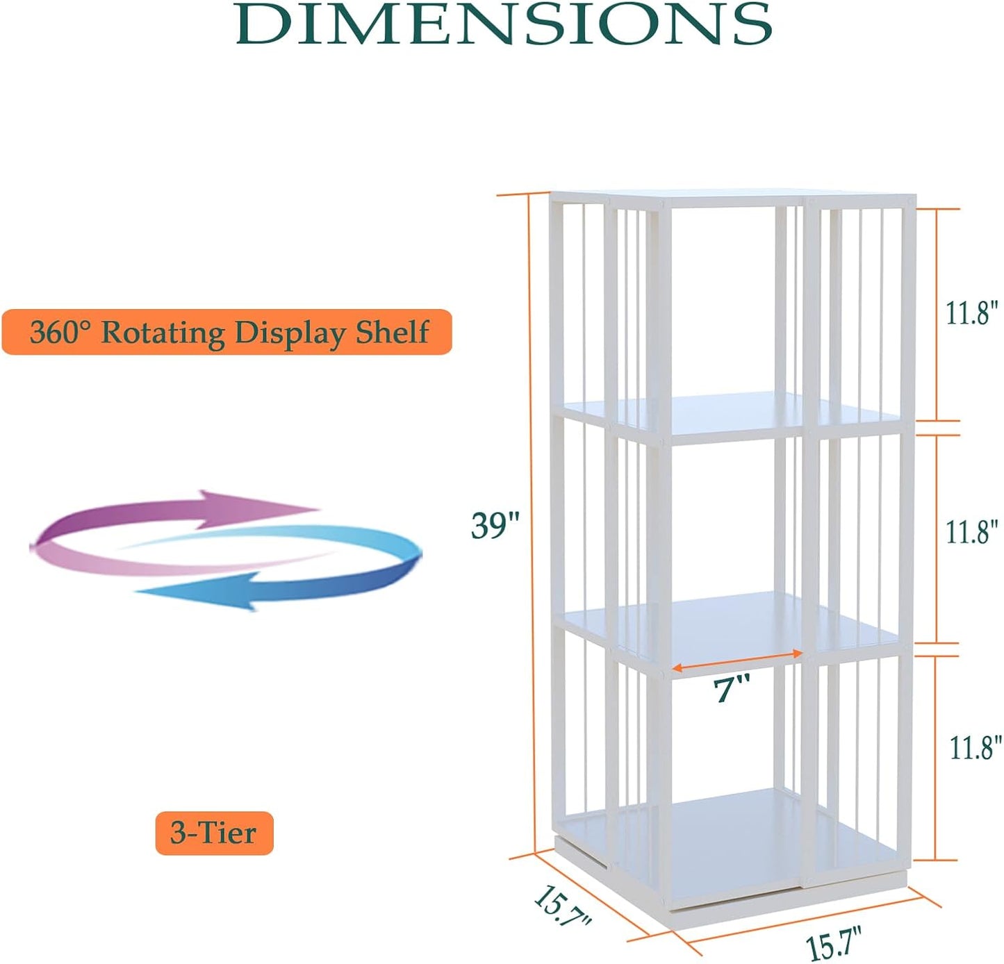 Square Rotating Bookshelf Tower - 360 Spinning Display Corner Bookcase for Narrow Space, Modern 3-Tier Revolving Storage Shelf, White