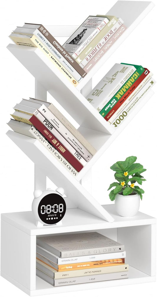 Small Tree Book Shelf,5 Tier Black Tree Bookshelf,White Desktop Bookcase,Modern Desk Display Storage Bookshelves,Floor Standing Organizer Bookcases for Living Room,Bedroom,Office