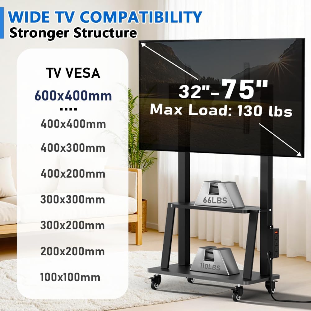 Rolling TV Stand with Power Outlet, Mobile TV Stand on Wheels for 32-75 inch TV, Height Adjustable Portable Black TV Cart, Holds up to 130LBS, Vesa 600×400mm