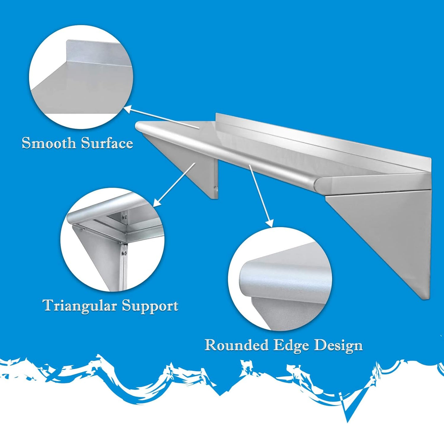 12''x48'' - 2packs Wall Mounted Stainless Steel Shelf NSF Commercial Metal Wall Mount Floating Shelving for Kitchen, Restaurant, Food Truck,Garage,Washrooms,Home&Hotel