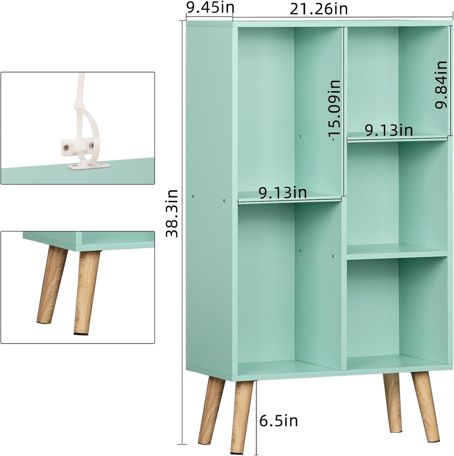 LEYAOYAO 5 Cube Bookshelf 3-Tier Bookcase with Legs,Mint Green Kids Book Shelf Cute Storage Organizer,Free Standing Open Toy Shelves Wood Bookshelves,Display Bookcases for Bedroom,Living Room,Nursery