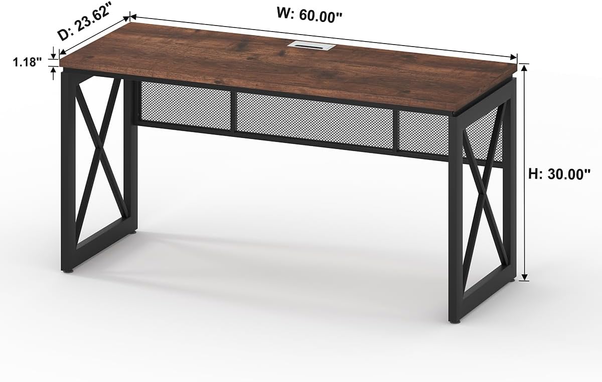 BON AUGURE 60 Inch Computer Desk for Home Office, Industrial Metal Wood Desks, Farmhouse Large Writing Table, Modern Sturdy Gaming Desk (Rustic Oak)