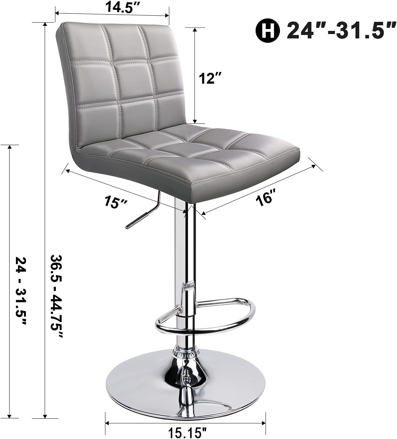 Leopard Modern Square Back PU Leather Adjustable Bar Stools with Back, Set of 2, Counter Height Swivel Stool (Light Grey)