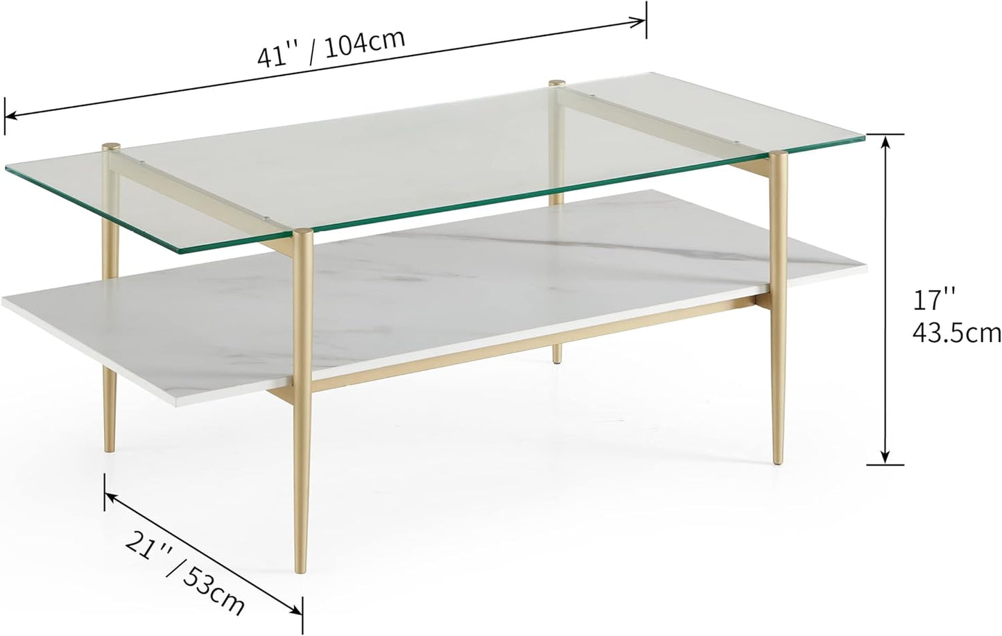 AGV LIGHTING Tadio Glass Coffee Table, Mid-Century Modern Coffee Table for Living Room, Gold Finish Leg, Clear Glass Top & Faux Marble Shelf, 41 in