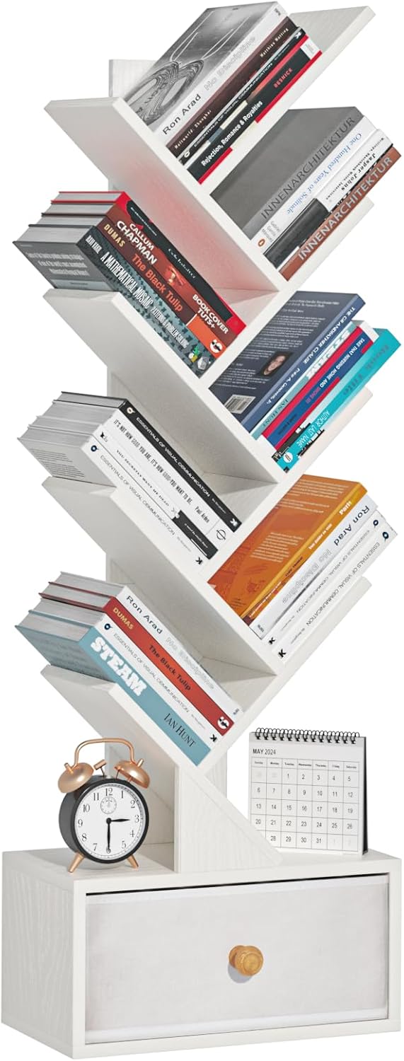 8 Tier Tree Bookshelf with Drawer, Free Standing Wood Bookcase for Narrow Space, Storage Organizer Bookshelves for Books, Book Case for Home Office, Living Room, Bedroom - Sweet White