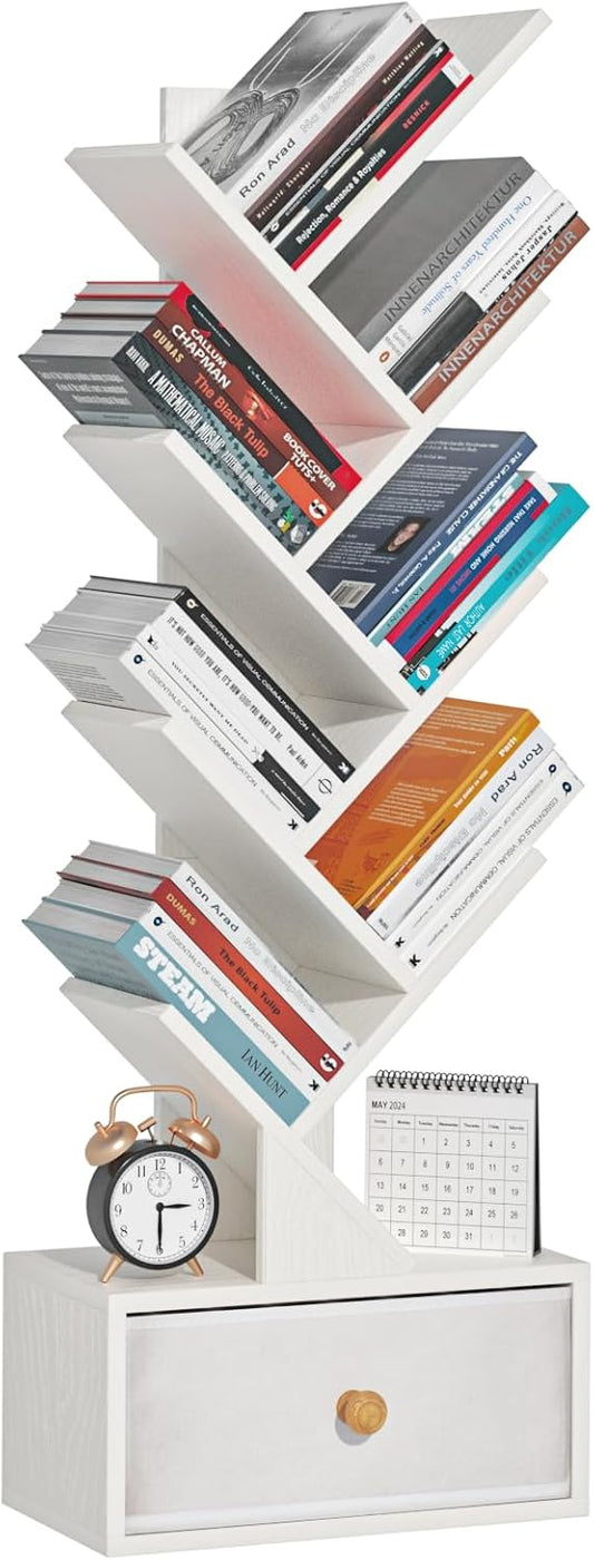 8 Tier Tree Bookshelf with Drawer, Free Standing Wood Bookcase for Narrow Space, Storage Organizer Bookshelves for Books, Book Case for Home Office, Living Room, Bedroom - Sweet White