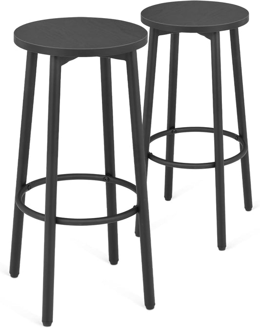 Athena Collection Bar Stools Set of 2, 25.5 Inches Round Counter Height Bar Stools Backless with Metal Legs and Footrest, Wood Barstools for Home, Kitchen Island, Counter, Black