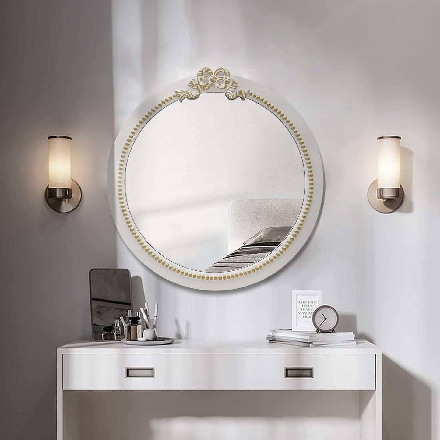 Vintage Round Wall Mirror 20inch Farmhouse Wooden Vanity Mirror for Wall Decor, Decorative Antique White Bathroom Mirrors, Traditional Art Home Bow Decor for Dressing Table, Living Room or Bedroom