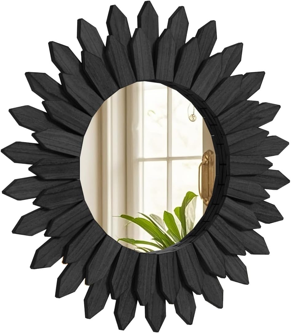 20 Inch Black Boho Wall Decor Sunburst Mirror - Round Wooden Wall Decor, Handmade Rustic Circular Mirror for Living Room, Bedroom, Entryway, Office