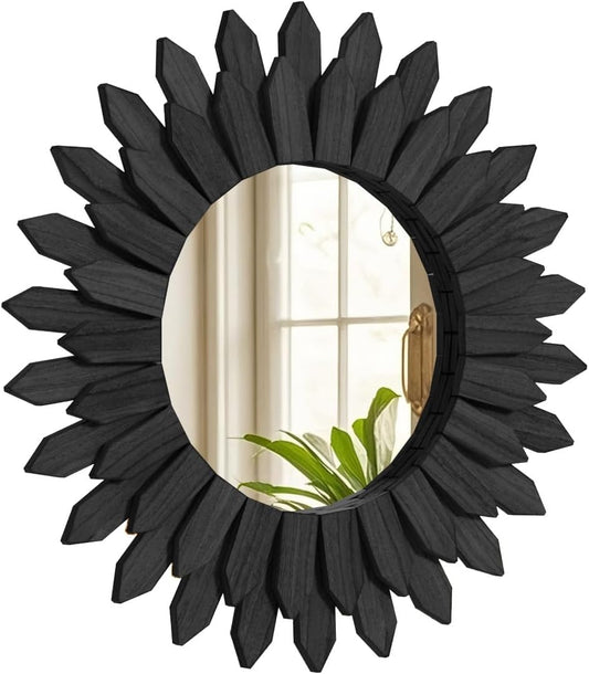 20 Inch Black Boho Wall Decor Sunburst Mirror - Round Wooden Wall Decor, Handmade Rustic Circular Mirror for Living Room, Bedroom, Entryway, Office