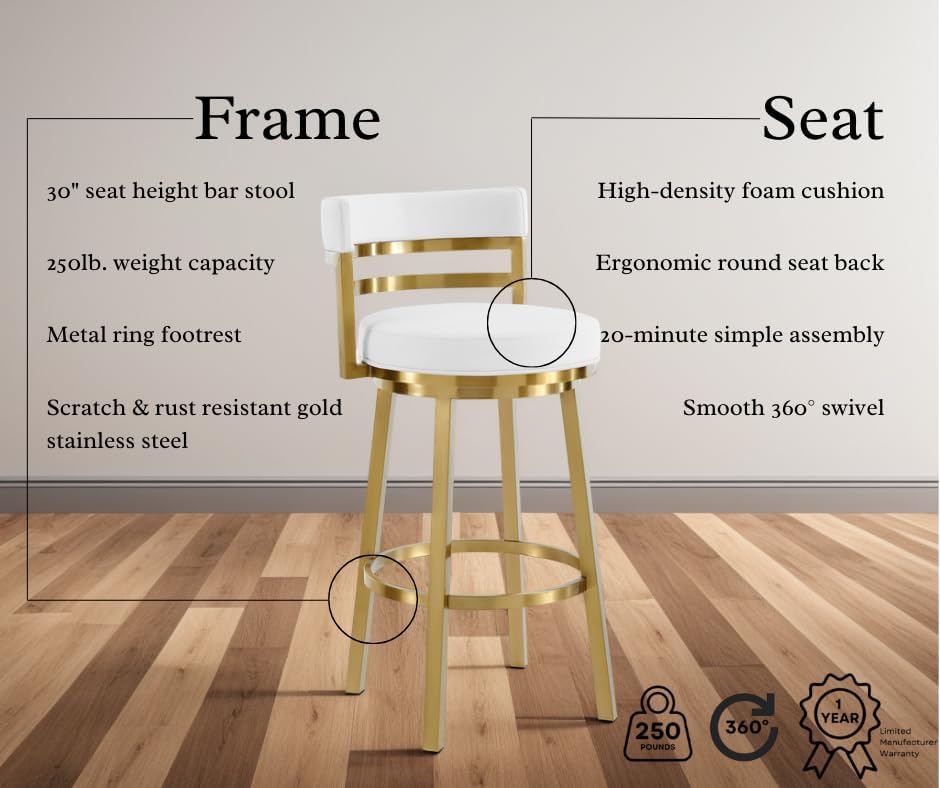 Armen Living Madrid 30" Seat Height Swivel Modern White Faux Leather and Gold Brushed Stainless Steel Bar Stool for Kitchen Island Counter