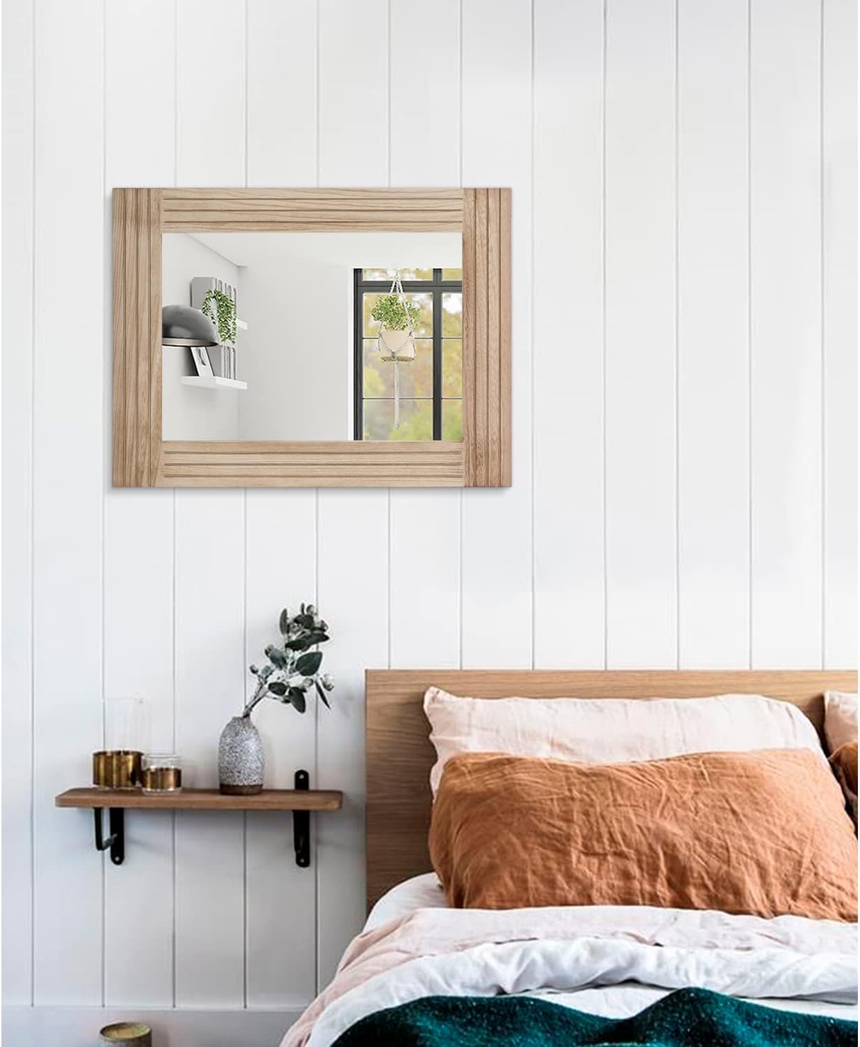 Rectangle Mirror Retro Wooden Wall-Mounted Mirrors Farmhouse Bedroom Bathroom Vanity Entrance Decorative Antique Hanging Mirror Large 20"x16"