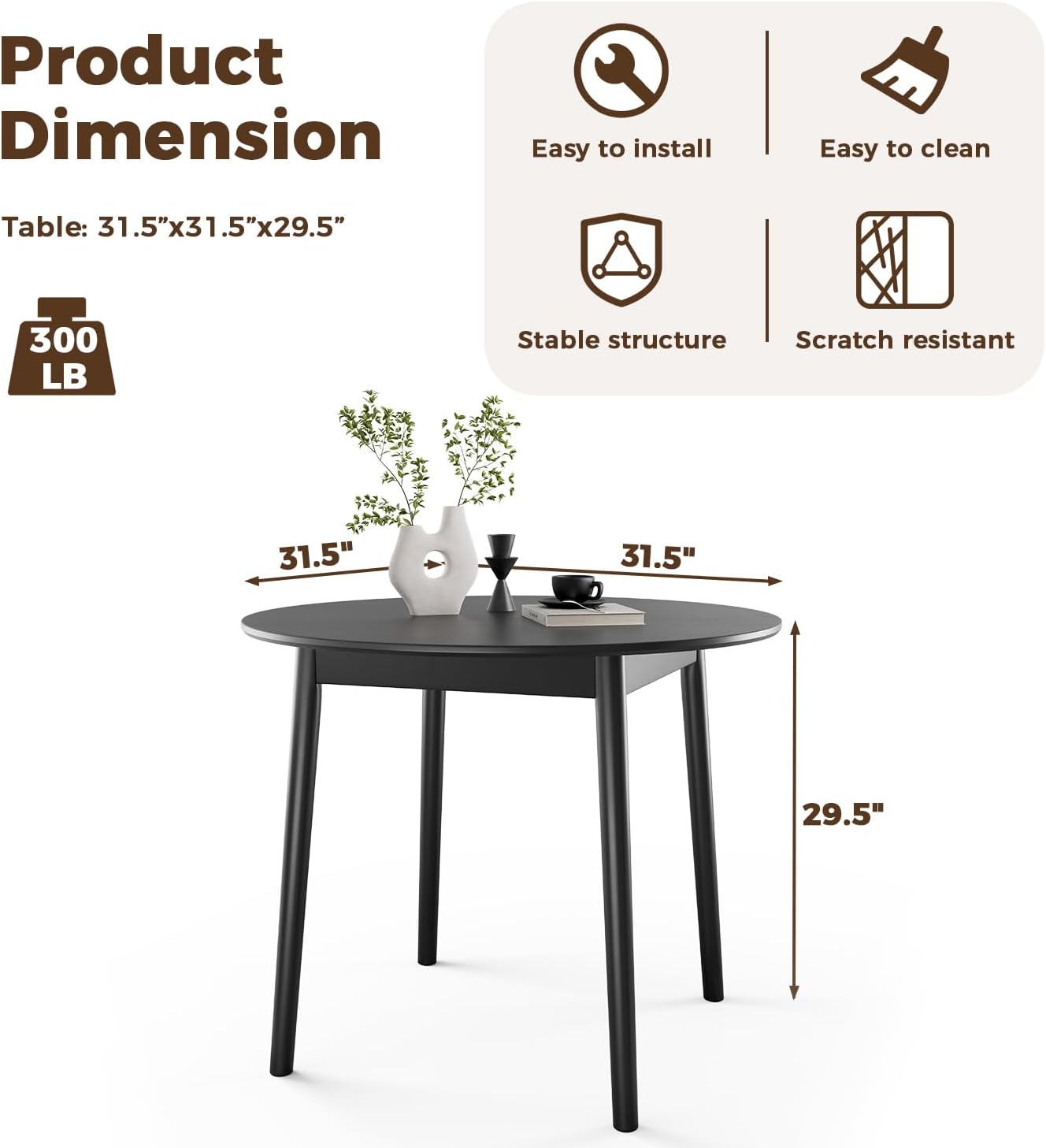 DELAVIN 31.5" Solid Wood Round Dining Table for 4, Mid Century Small Kitchen Table for 2-4, Modern Office Table for Living Room, Dining Room, Dinette, Easy Assembly, Space Saving, Black