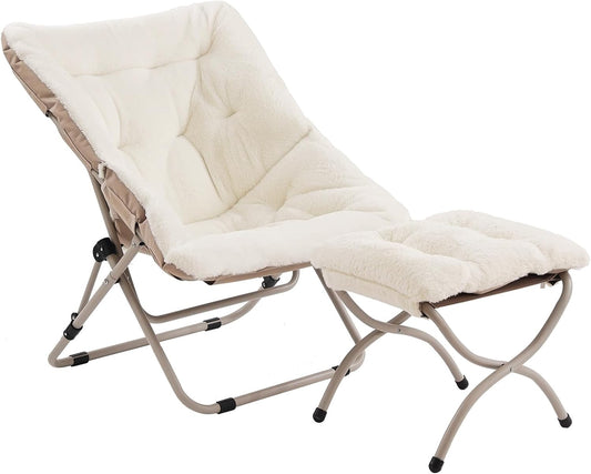 Tiita Folded Chair with Ottoman, Soft Faux Fur Oversized Folding Accent Chair,Lounge Lazy Chair, Metal Frame Moon Chair for Bedroom, Living Room, Dorm Rooms, Garden and Courtyard