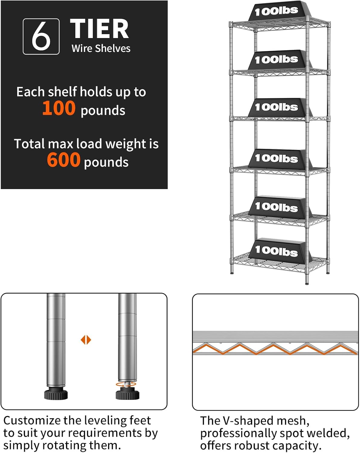 SINGAYE 6 Shelf Wire Shelving Unit Adjustable Metal Shelves Standing Bathroom Organizers and Storage Wire Closet Metal Pantry Kitchen 12" DX22 W 69.5" H Gray