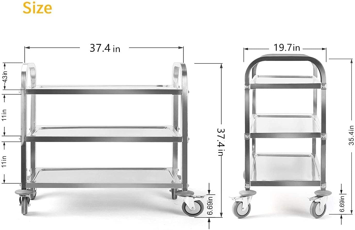 uyoyous 3 Tier Large Heavy Duty Stainless Steel Utility Cart 37"x20"x37" Industrial Serving cart with 360°Rotation Wheels Kitchen Island Stainless Steel Storage Trolley for Hotel Restaurant Home Use