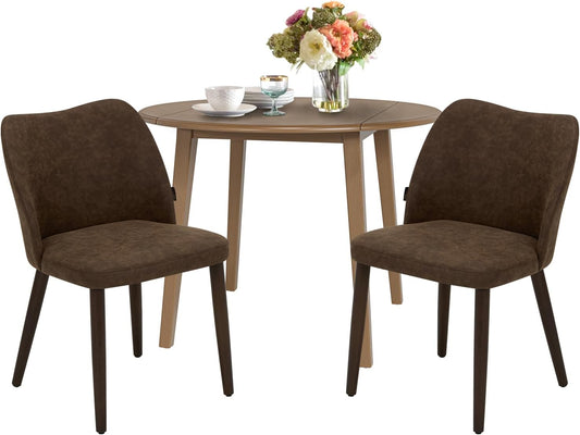 COLAMY 3-Piece Extendable Dining Table Set for 2, 36" Kitchen Round Wood Table with 2 Wooden Dining Room Chairs,Light Brown/Dark Brown