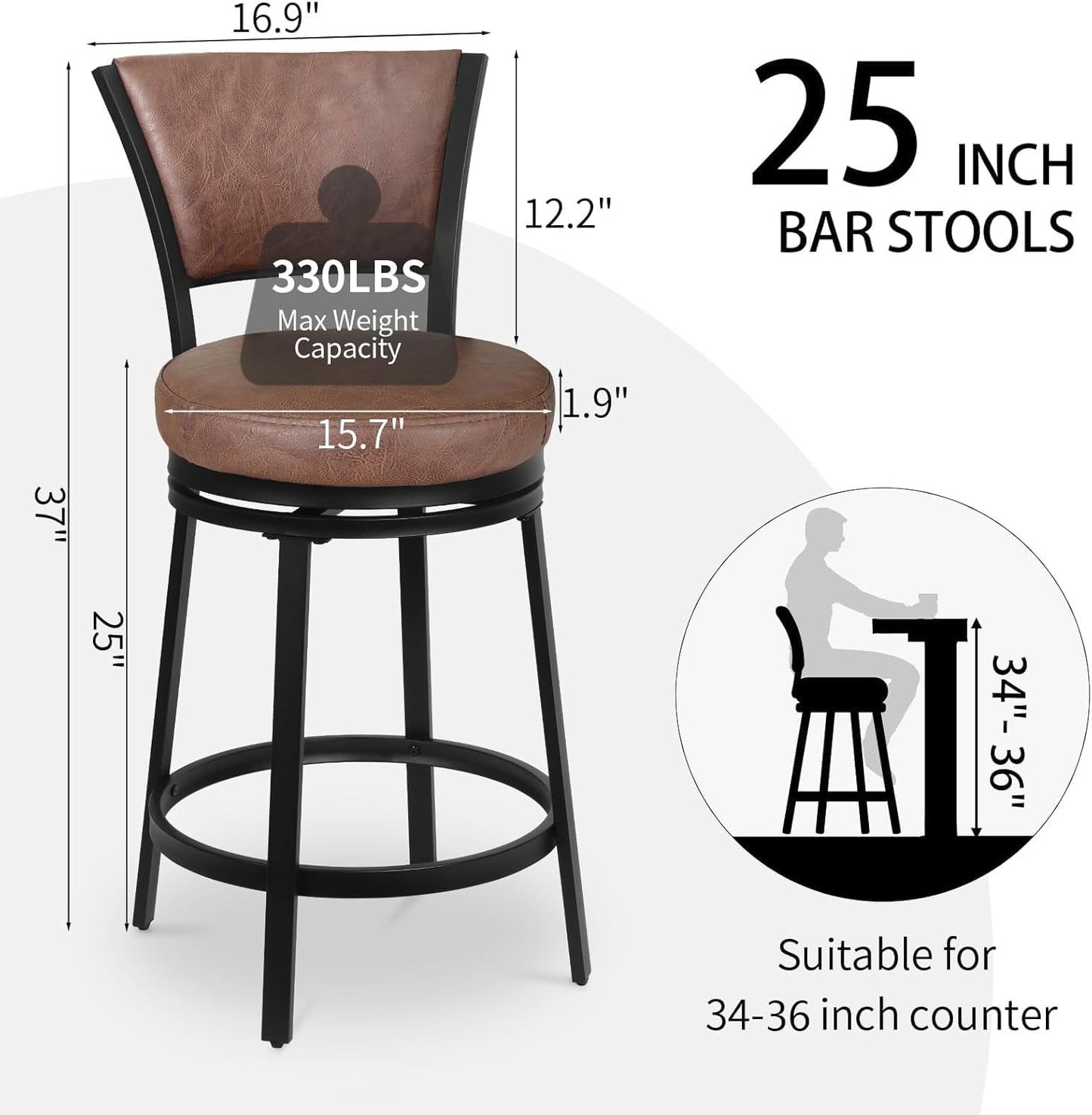 Bar Stools Set of 2, 25 Inch Metal Counter Height Bar Chairs, Modern Faux Leather 360° Round Swivel Barstools with Back, Counter Stools for Kitchen Island, Pub, Brown