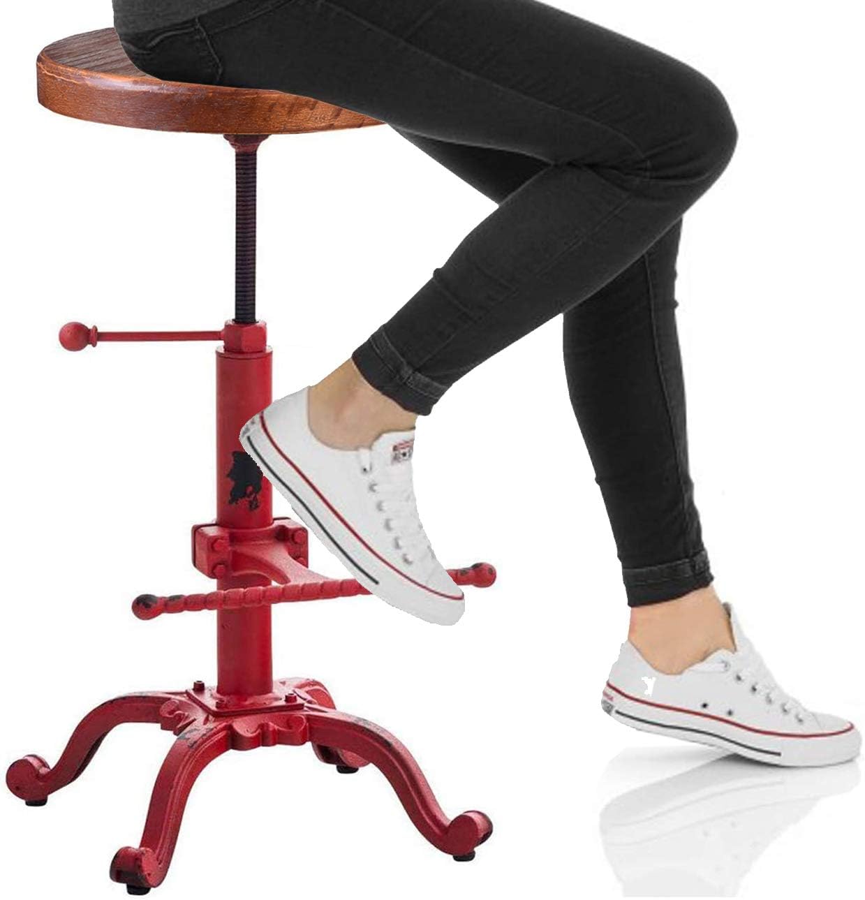 Topower Industrial Retro Vintage Farm Wooden Tractor Stool Kitchen Swivel Height Adjustable bar Stool (Antique Red)