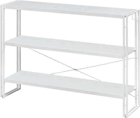 HCHQHS Bookshelf, 3-Tier Industrial Bookcase, White Open Book Shelf, Freestanding Horizontal Bookshelves with Metal Frame