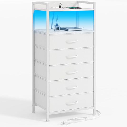 Furnulem White Nightstand with 5 Storage Drawer, Tall Dresser for Bedroom with Led Light and Charging Station, Side Table Nightstand for Closet, Fabric Bins, Metal Frame, Wood Shelf(White)