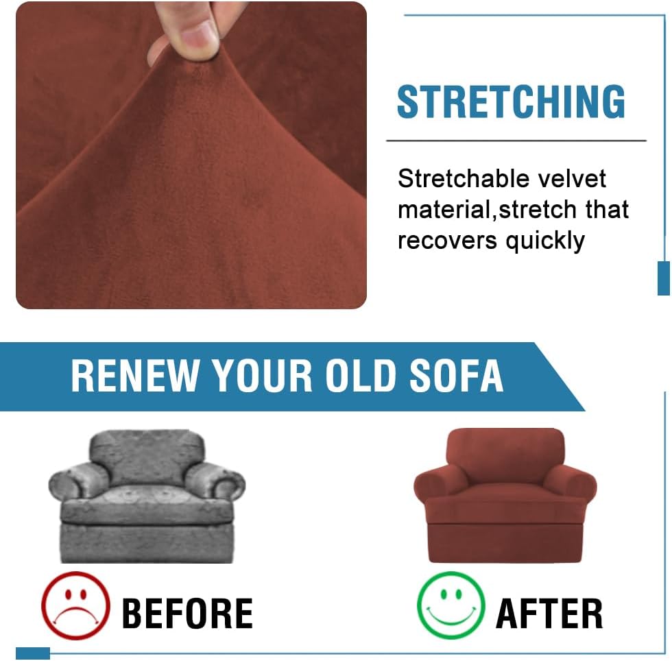H.VERSAILTEX Sofa Cover 2 Piece T Cushion Armchair Slipcovers Thick Velvet Couch Cover Stretch T Cushion Sofa Covers for 1 Cushion Couch with 1 Individual T Cushion Covers Washable, Rust
