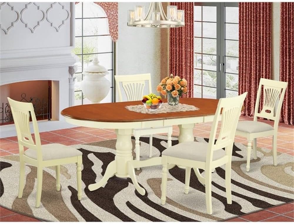 East West Furniture PLAI5-WHI-C 5 Piece Kitchen Table & Chairs Set Includes an Oval Dining Room Table with Butterfly Leaf and 4 Linen Fabric Upholstered Chairs, 42x78 Inch, Buttermilk & Cherry
