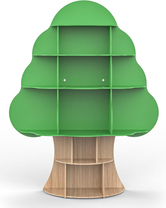 Tree Kids Bookshelf, Toddler Wood Bookcase, 16-Cubby Children Toy Storage Organizer Book Shelf for Kids Rooms, Nursery, Bedroom, Living Room, Classroom, Boy Girl’s Gift (Green Tree)