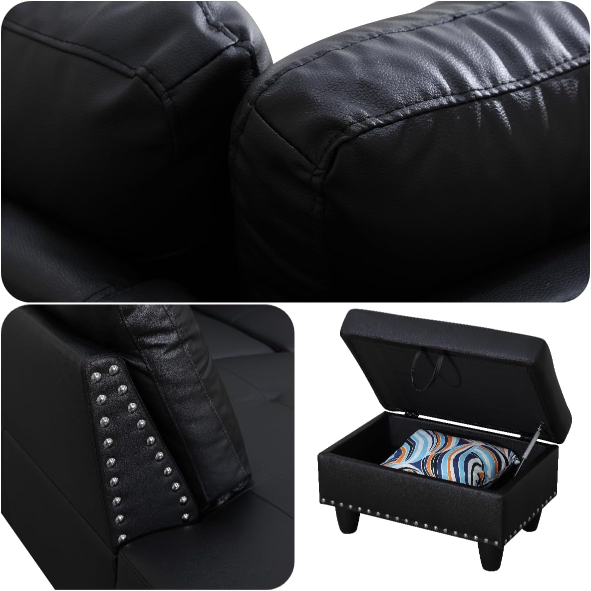 Modern Living Room Furniture Sets with Cup Holder, Modular Sectional Couches with Chaise Lounge, 4-Seaters L Shape Sofa with Storage Ottoman, for Living Room, Faux Leather, Black