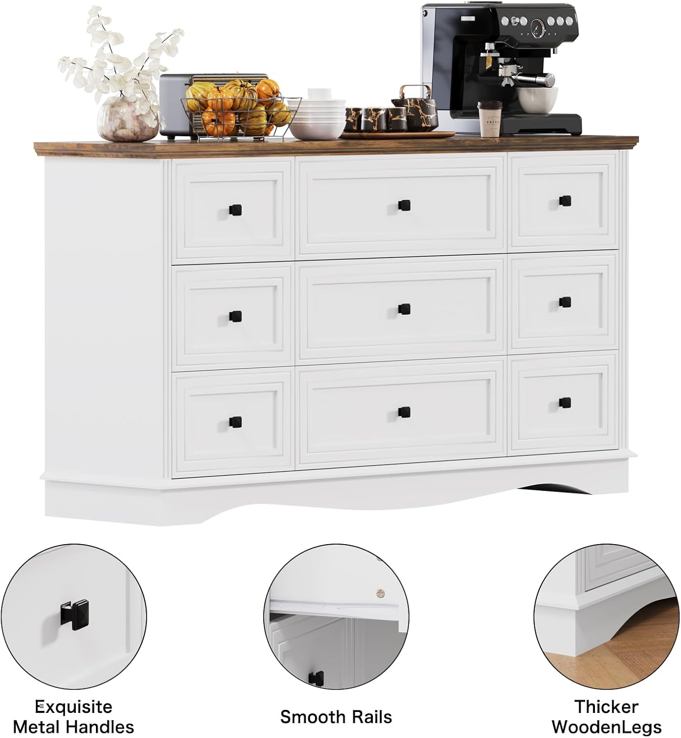 57" Wooden Dresser with 9 Drawers, Modern Farmhouse Furniture Organizer, Chest of Drawers with Rustic Top, Bedroom Storage Cabinet for Clothes, Accessories, Living Room, or Entryway, White