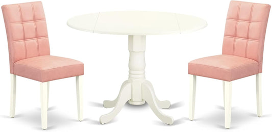 East West Furniture DLAS3-WHI-42 3 Piece Dining Table Set consists A Dinner Table and 2 Beige Red Polyester Fabric Parson Kitchen Chairs with Stylish Back- Linen White Finish