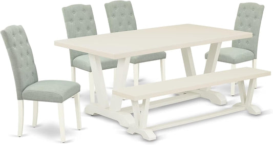 East West Furniture V027CE215-6 6 Piece Dining Room Table Set Contains a Rectangle Kitchen Table with V-Legs and 4 Baby Blue Linen Fabric Parson Chairs with a Bench, 40x72 Inch, Multi-Color
