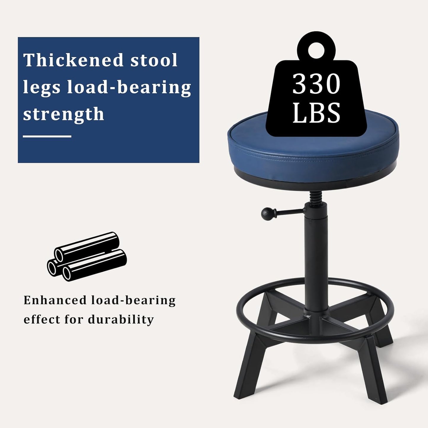 Vintage Short Bar Stools Industrial Swivel Counter Stools 17-24inch Height Adjustable Rustic Leather PU Seat Chairs for Kitchen Island Extra Seat Beside Sofa (Dark Blue)