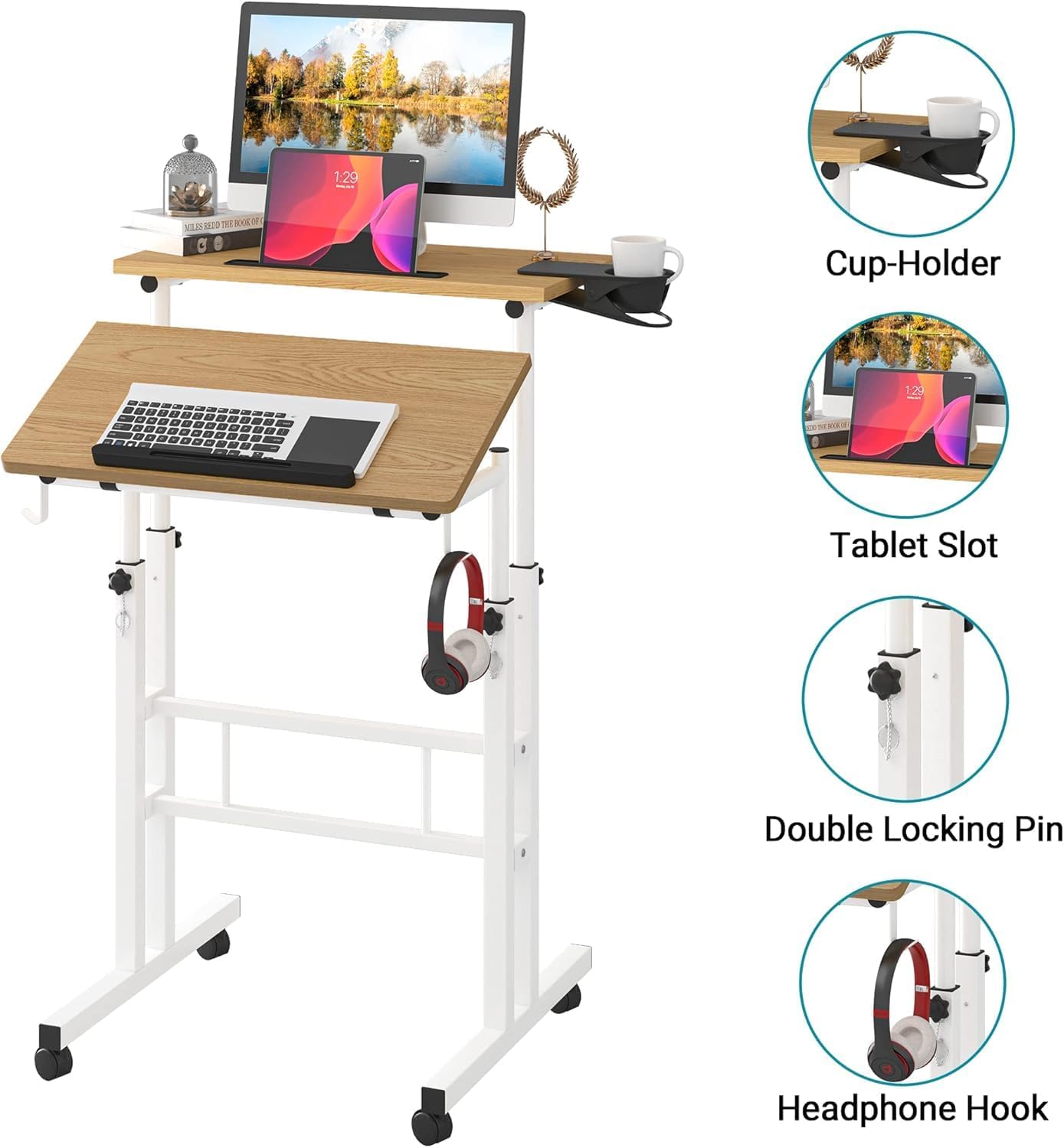 Klvied Mobile Standing Desk with Removable Cup Holder, Portable and Easy to Move, Ideal for Home or Office, Khaki