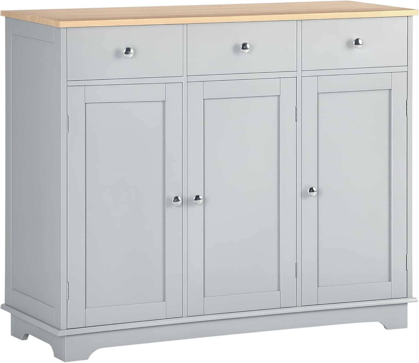HOMCOM Sideboard with Solid Wood Countertop, Modern Kitchen Storage Cabinet, Coffee Bar Cabinet with 3 Drawers, Doors and Adjustable Shelf, Gray