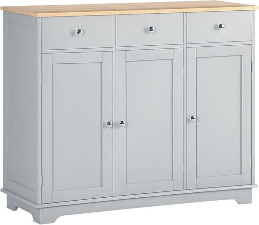 HOMCOM Sideboard with Solid Wood Countertop, Modern Kitchen Storage Cabinet, Coffee Bar Cabinet with 3 Drawers, Doors and Adjustable Shelf, Gray
