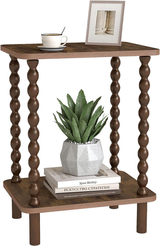 2-Tier End Table,Vintage Side Table,Solid Wood Bedside Table with Storage Rack,for Living Rooms, bedrooms, and Narrow Spaces (Rustic Brown)