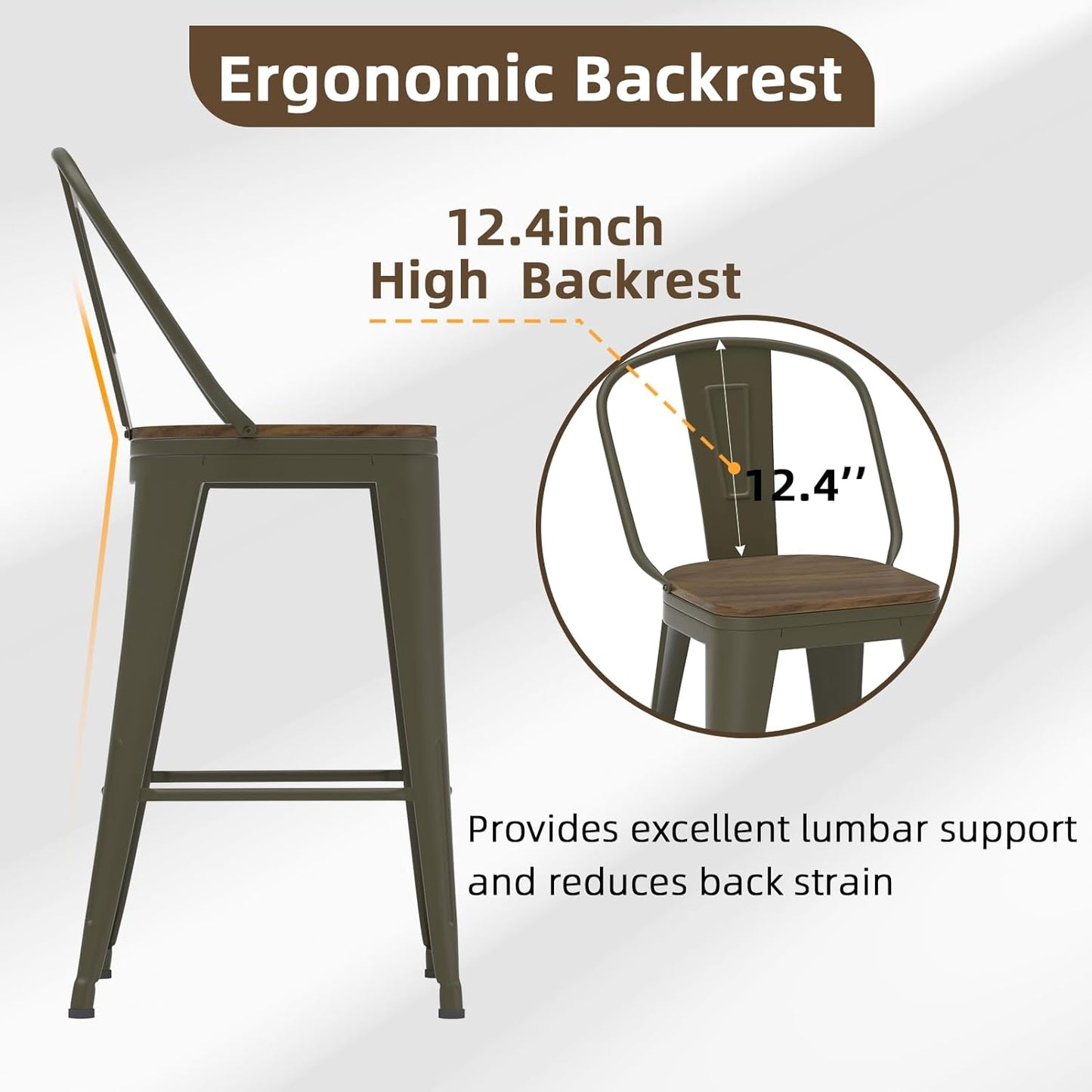 24” Swivel Bar Stools Set of 4, Counter Height Bar Stools Wooden Seat, Metal Industrial Bar Chairs with High Back for Kitchen Island (Rusty)