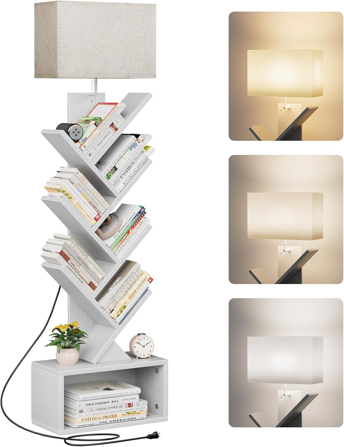 6 Tier Tree Bookshelf with Light, Narrow Bookcase Tower, Tall Floor Standing Book Shelf Organizer with Storage Cabinet for Living Room, Bedroom and Home Office, White