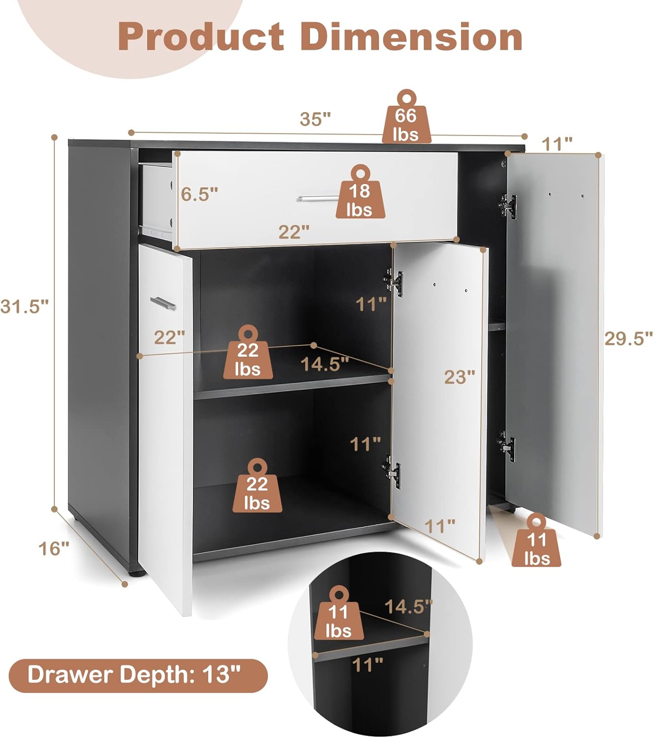 COSTWAY Buffet Sideboard Storage Cabinet, White Kitchen Sideboard with Spacious Table Top, 2 Door Cabinets, Large Drawer, Adjustable Shelf, Anti-Toppling Device, Console Cupboard for Home Living Room