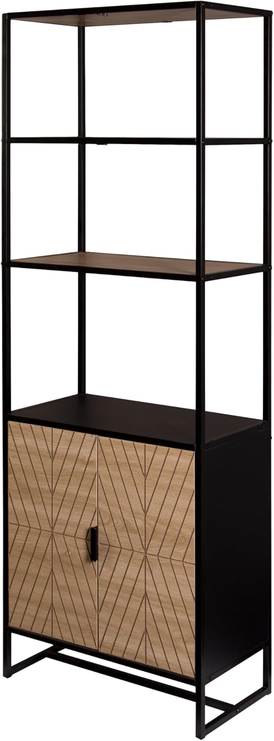 AC Pacific Bali Coastal Modern 6 Tier Bookshelf with Storage, Features Sleek Black Frame and Natural Wood Accents, Versatile Book Shelf and Display Solution for Bedroom and Living Room, 67" High