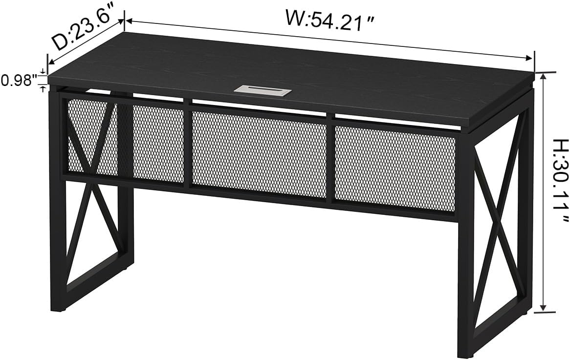 BON AUGURE Black Desk, Wood Computer Desk, Industrial Office Desks, Sturdy Writing Desks for Bedroom, Home Office, Living Room Study Workstation (Black, 54 Inch)